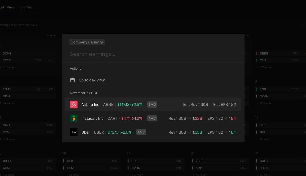 A command palette over the earnings calendar, scoped to company earnings, listing a jump-to-day action above three companies with their price, reporting time, and estimated versus actual revenue and EPS.