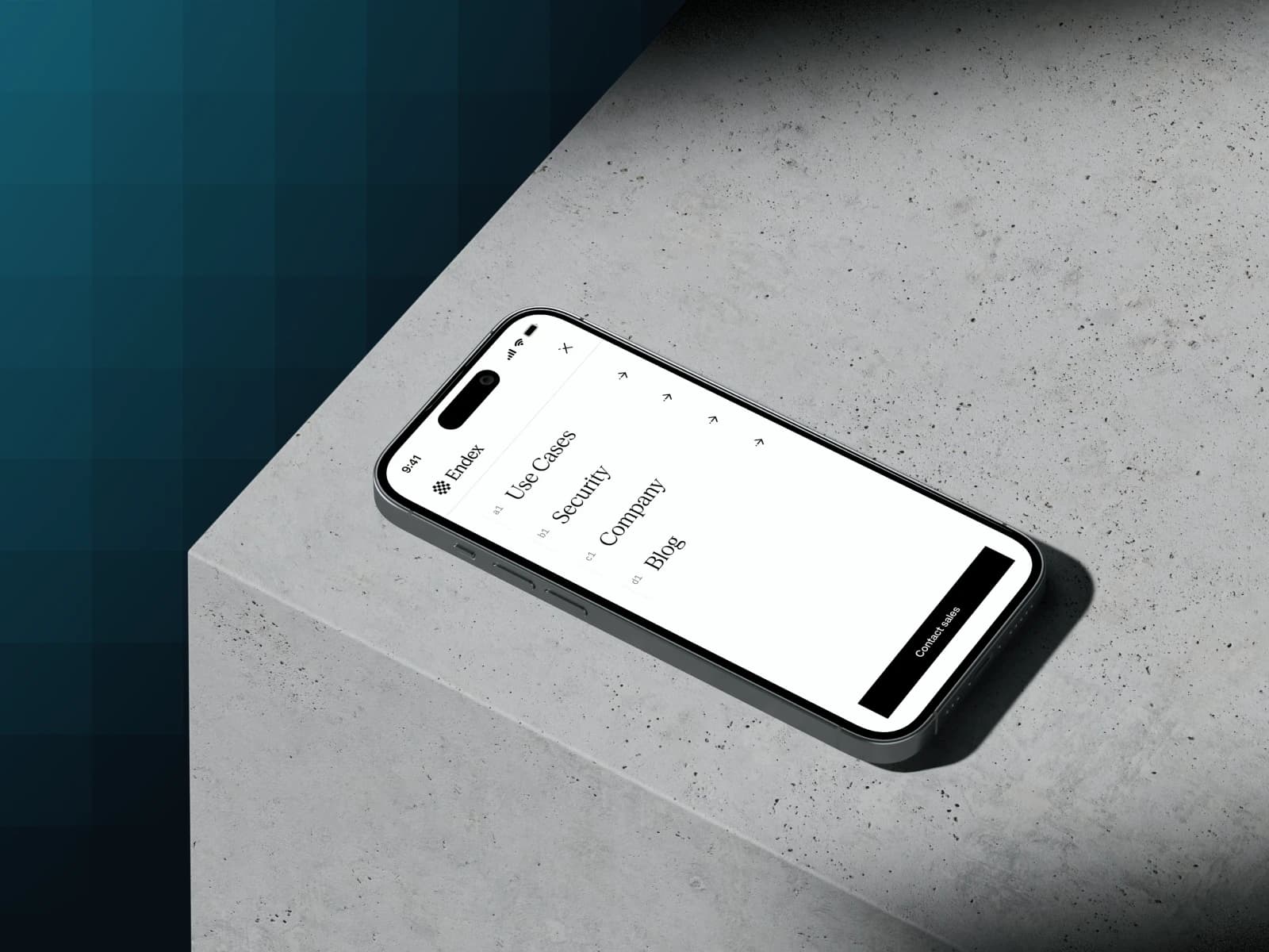 The Endex marketing site on a phone, resting on a concrete ledge, showing the mobile navigation menu with Use Cases, Security, Company, and Blog.